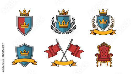 Set of regal heraldic emblems featuring ornate shields with golden crowns, crossed red flags, and a luxurious velvet throne for noble designs.