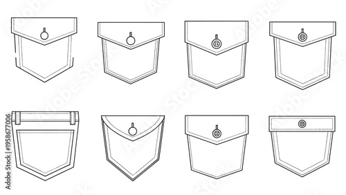 Technical line drawing showing eight different styles of clothing pockets with flaps, buttons, and various stitching patterns.