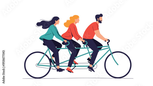 Three diverse people riding a long turquoise tandem bicycle together against a white background in a flat illustration style.