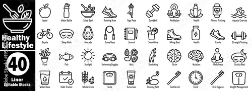 Healthy lifestyle icons set. Web and mobile applications liner editable stock vector symbols, nutrition vector illustration.