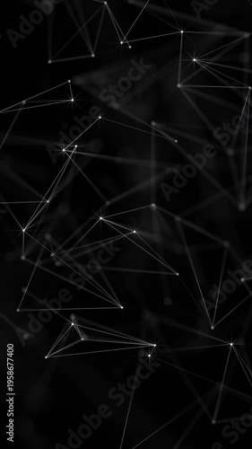 Black and white Plexus tech background with glowing connecting lines and data nodes. Digital data network connections concept. This vertical technology animation is full HD and a seamless loop.