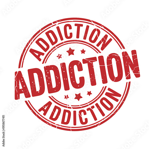 Red circular stamp with addiction text and stars on white background