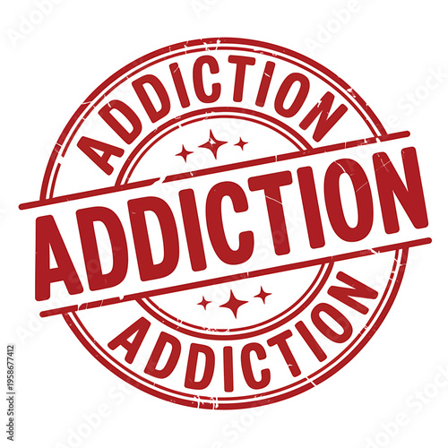 Red rubber stamp with addiction text on white background