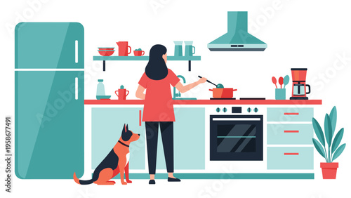 Flat vector illustration of a woman cooking a meal at a stove in a modern kitchen while a loyal dog sits nearby on the floor.