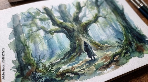 Hooded figure walking through a mystical forest path, surrounded by ancient moss-covered trees. Feeling of adventure and solitude.