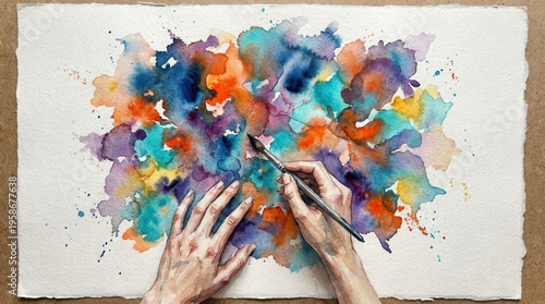 Human hands holding a paintbrush, actively creating a vibrant watercolor splash on textured paper. Feeling of artistic expression and creativity.
