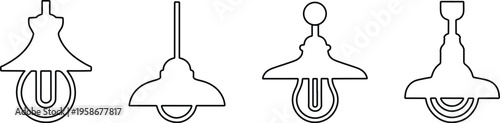Collection of four distinct vintage industrial style pendant light fixture outline vector graphic designs for illumination