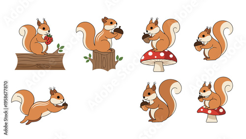 Set of seven adorable squirrels in different poses such as holding an acorn, sitting on a mushroom, and jumping through the air.