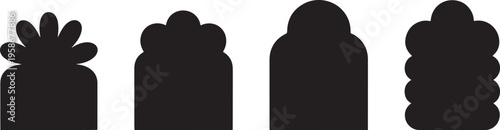 A minimalist vector graphic illustration featuring a collection of four distinct black abstract silhouette shapes, each presenting a unique decorative or organic top design element.