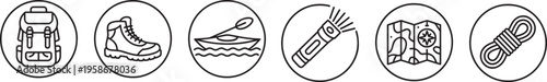 Essential black outline vector graphic icons representing common camping and outdoor adventure equipment for travel preparation.
