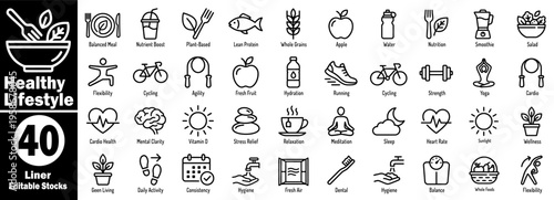 Healthy lifestyle vector icon set for apps and websites liner editable stock symbols, wellness and fitness vector illustration.
