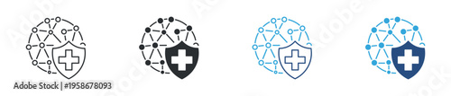 Global healthcare and medical network icon set. Worldwide connection, health protection and digital medicine concept. Vector illustration.