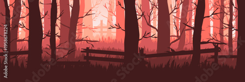 Moody dark red woodland vector illustration for creative mystery header