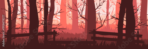 Minimalist red nature web banner featuring bare forest and copy space