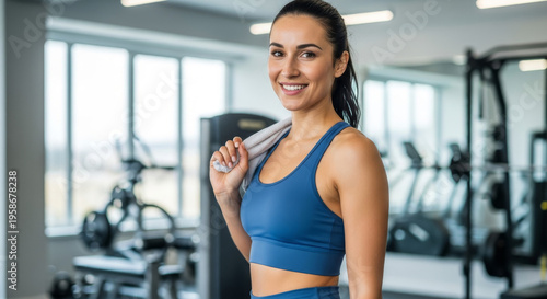 Mulher sorrindo em academia segurando toalha