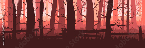 Red sunset autumn background with dead tree silhouette for fall banner