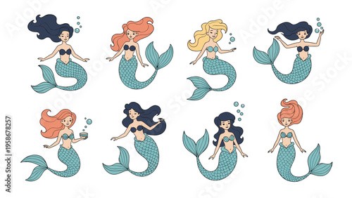 Set of beautiful mermaid characters with different hair colors and tail poses swimming in the ocean with bubbles.