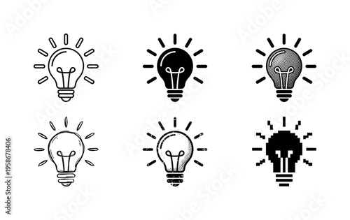 Six light bulb icons in black and white