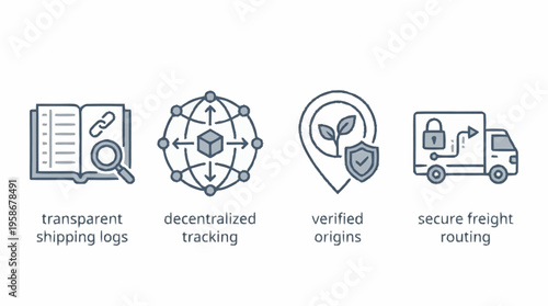 The image depicts a logistics concept with four icons representing transparent shipping logs, decentralized tracking, verified origins, and secure freight routing.
