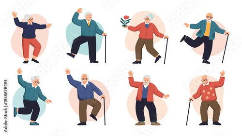 Eight different elderly men and women characters dancing and posing happily with some using walking sticks on colored backgrounds.