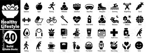 Healthy lifestyle solid icon set. Featuring fitness activity, nutrition wellness symbols such as running, yoga, meditation, salad bowl, gym equipment, and avocado vector illustration.