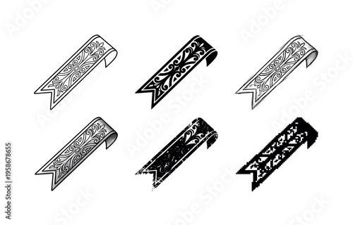 Six stylized ribbon shapes in black and white