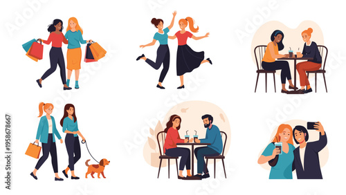Set of diverse friends enjoying various social activities like shopping, drinking coffee, and walking a dog together.