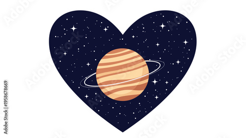 Stylized image of the planet Saturn with its rings centered inside a dark blue heart-shaped space filled with twinkling stars.
