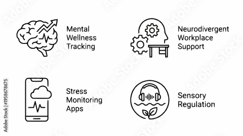 Mental wellness tracking illustration supports neurodivergent workplace stress monitoring.