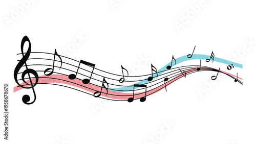 Flowing wave of musical notes and symbols on a staff with soft red and blue background accents for melody.