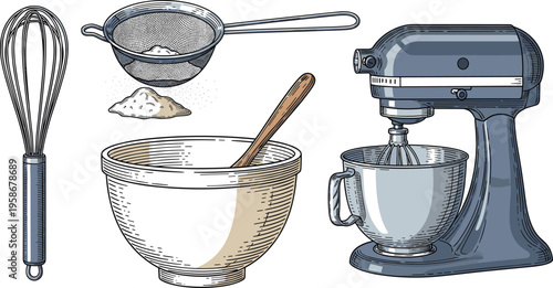 Professional Kitchen Baking Equipment Vector Illustration Set Featuring Electric Stand Mixer Mixing Bowl Balloon Whisk and Flour Sieve Isolated on White Background