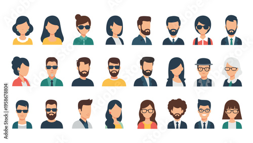 Grid of twenty-four diverse human avatar portraits for men and women showing different hairstyles, skin tones, and fashion choices.