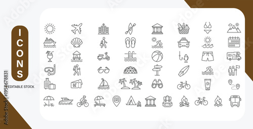 Editable Summer Vacation Icon Set – Modern Thin Line Vector Illustrations of Travel, Beach, Surfing, Sea & Hotel Pictograms for Mobile Apps