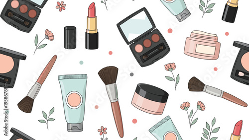 Seamless beauty pattern showcasing makeup essentials like eye shadows, lipsticks, and brushes interspersed with flowers.