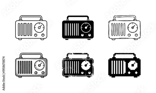 Vintage radios in six simple black-and-white designs