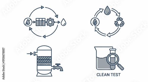 The flow image illustrates industrial recycling process with clean test equipment