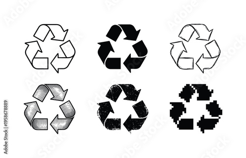 Six recycling symbols arranged in two rows