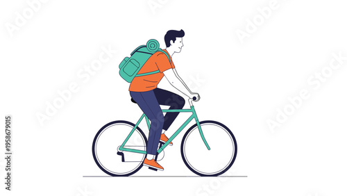 Young man riding a bicycle with a large backpack and bedroll suggesting a long-distance travel or camping trip.