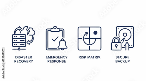 An illustration of disaster recovery icons including emergency response, risk matrix, and secure backup