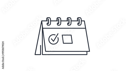 Simple line icon of a desk calendar with a checkmark on a specific date representing effective planning and scheduling.