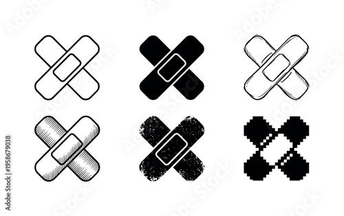 Six bandage cross icons in varied styles