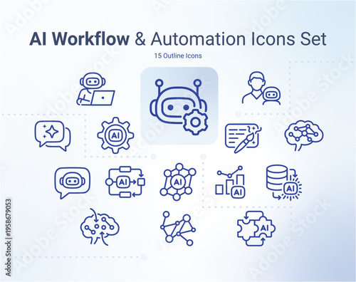 AI Automation Icons Set – Artificial Intelligence, Machine Learning, Chatbot, Neural Network Line Icons