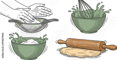 Vintage Hand Sketched Baking and Dough Preparation Vector Set Featuring Flour Sifting Wire Whisk Splash and Wooden Rolling Pin for Artisanal Bakery and Organic Food Graphic Designs