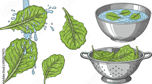 Rinsing and Soaking Fresh Leafy Greens Vector Illustration Set Featuring Lettuce Leaves Under Water Stream Mixing Bowl and Metal Colander Isolated on White Background