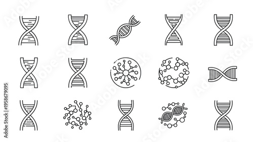 Collection of DNA double helix and molecular structure icons representing science, genetics, and biotechnology research.