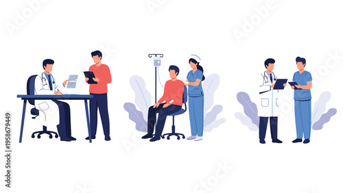 Hospital staff including doctors and nurses interacting with patients and discussing medical charts in three separate scene vignettes.