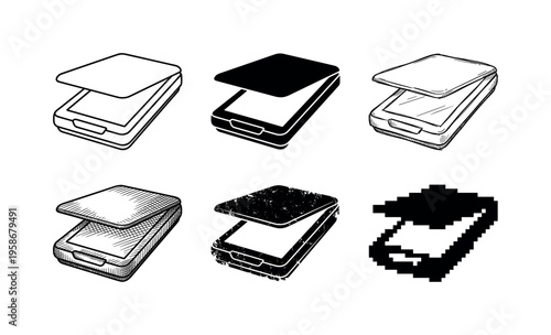 Six stylized digital wallets shown in black and white