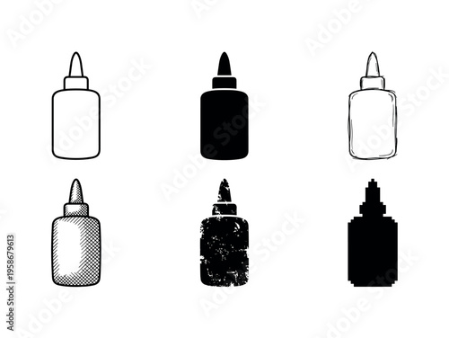 Six glue bottles arranged in two rows