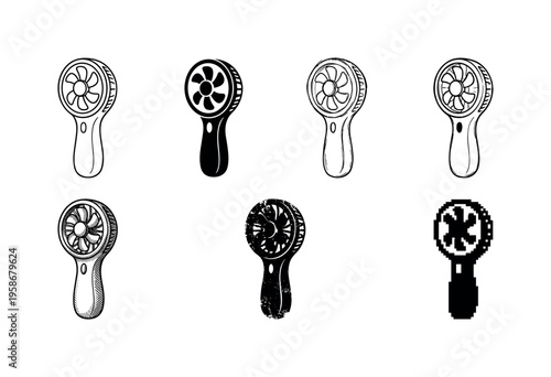 Seven hand-held fans in black and white
