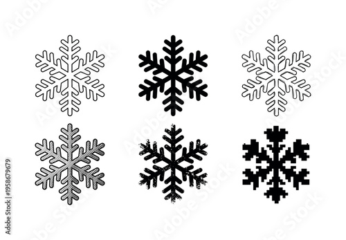 Six elegant snowflake designs in bold black and crisp white